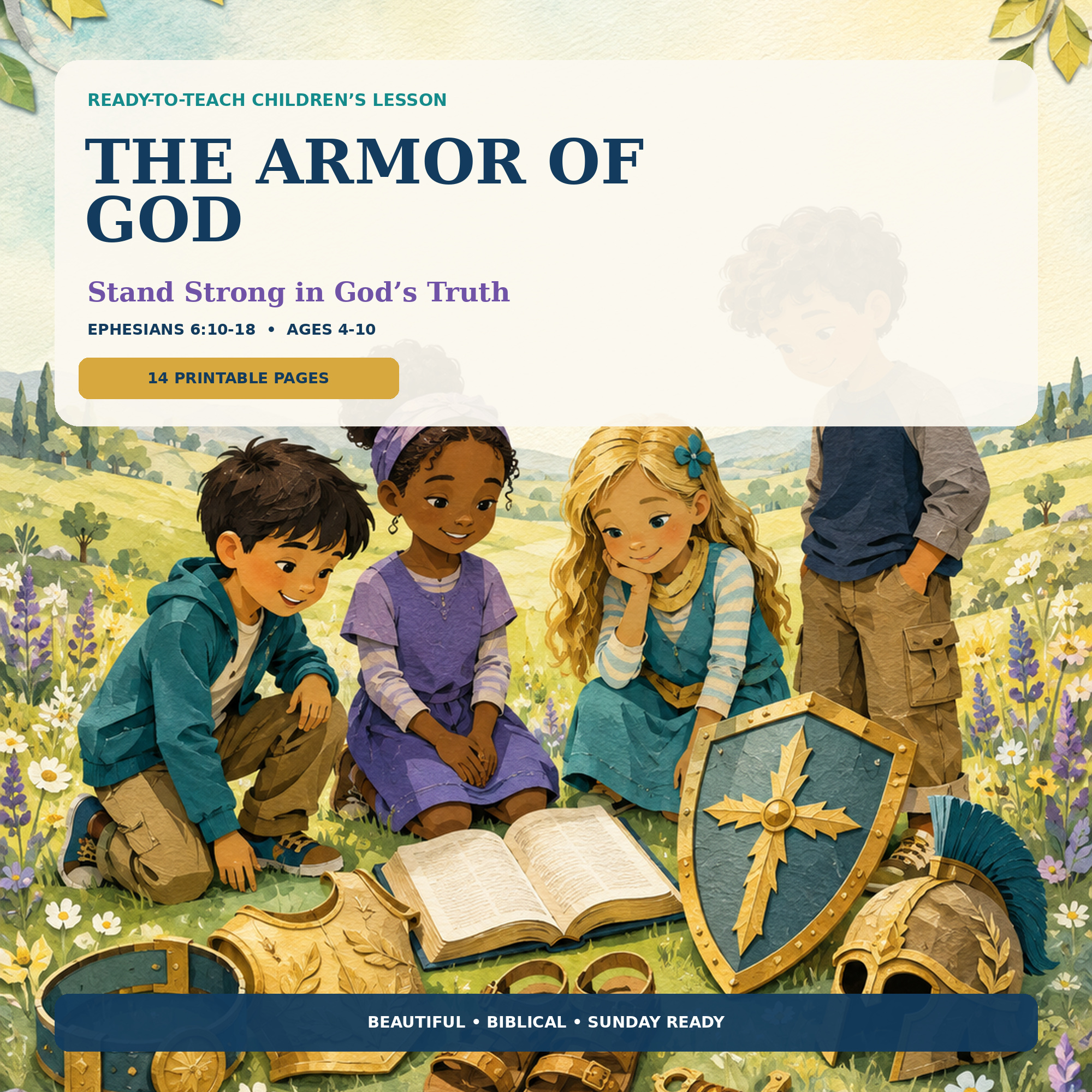 The Armor of God children's Bible lesson with diverse children, an open Bible, shield, helmet, belt and sandals