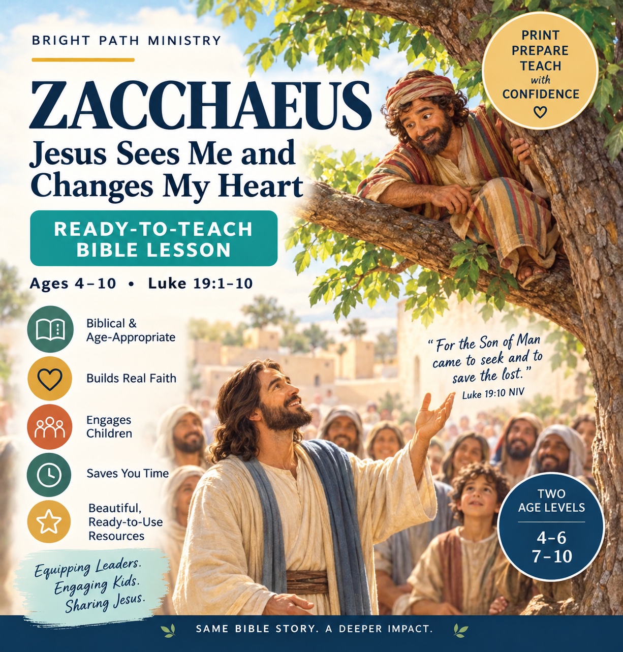 Zacchaeus ready-to-teach Bible lesson displayed as a premium spiral-bound workbook with Jesus looking up into the sycamore tree
