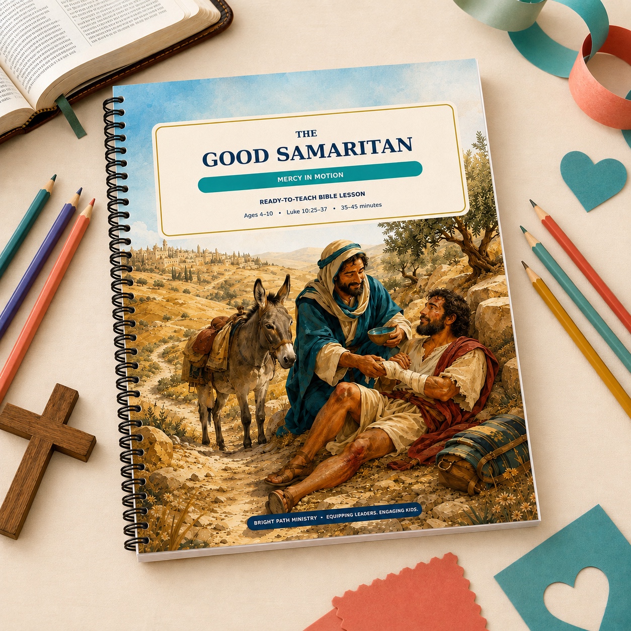 The Good Samaritan Mercy in Motion children's Bible lesson showing a compassionate Samaritan caring for an injured traveler beside a donkey