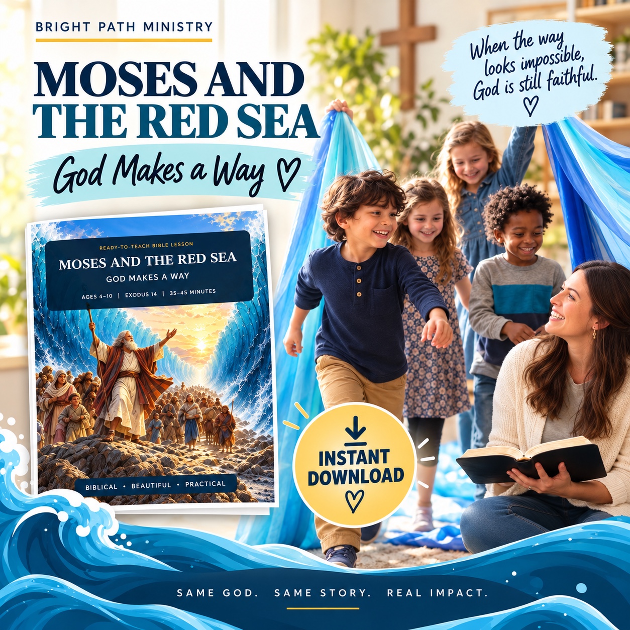 Moses and the Red Sea ready-to-teach Bible lesson showing children walking between blue fabric waves with their teacher
