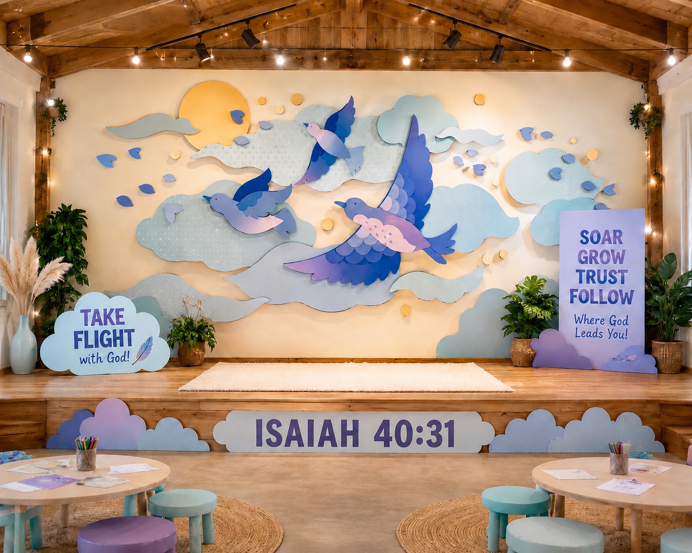 SOAR VBS stage with layered blue and lavender paper birds, clouds and Isaiah 40:31 signage